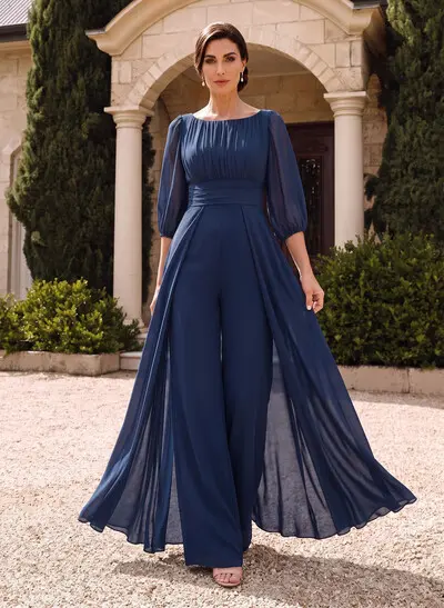 Jumpsuit/Pantsuit Scoop Neck 3/4 Sleeves Floor-Length Chiffon Mother Of The Bride Dresses With Overskirt Dress