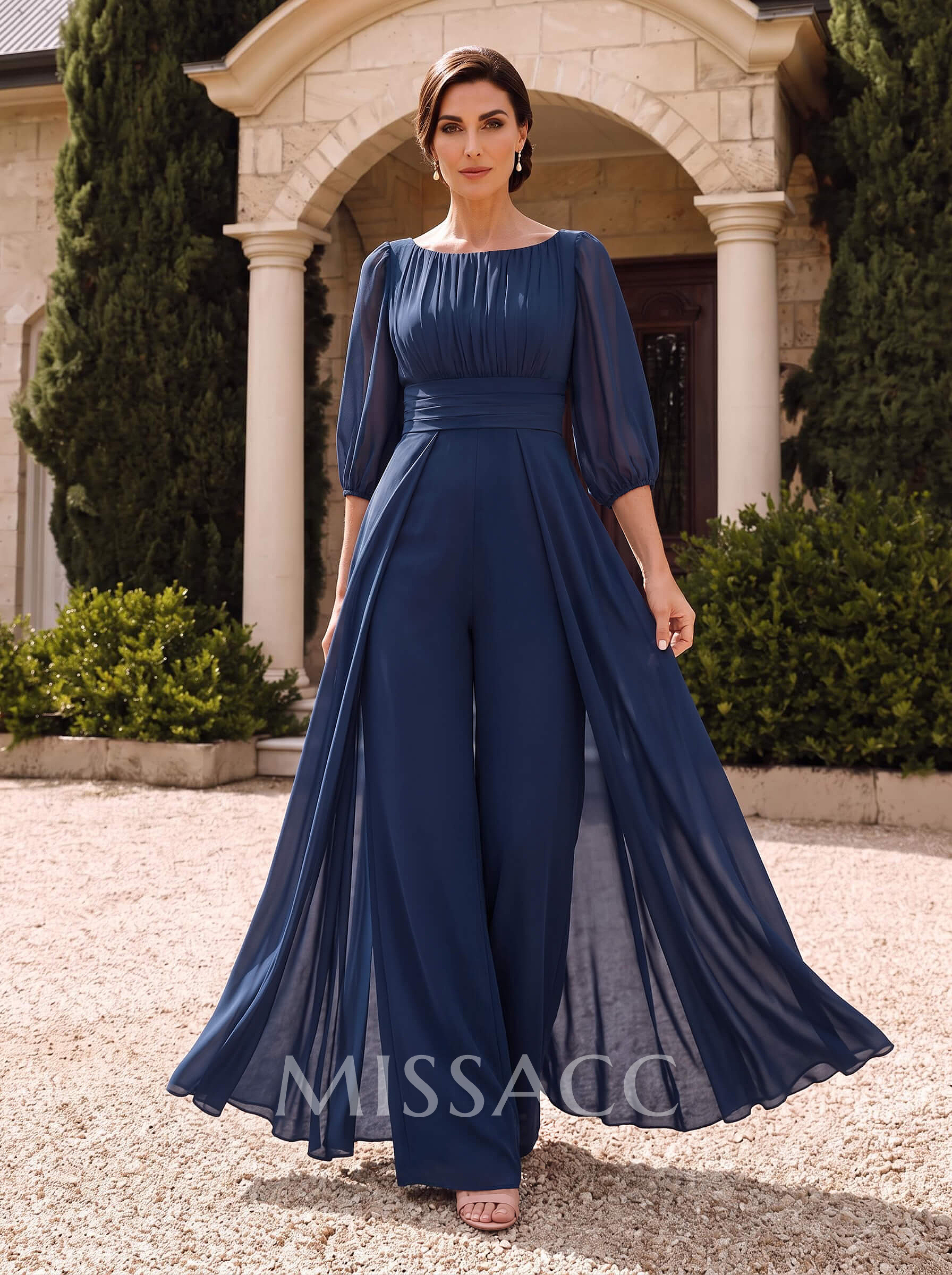 Jumpsuit/Pantsuit Scoop Neck 3/4 Sleeves Floor-Length Chiffon Mother Of The Bride Dresses With Overskirt Dress
