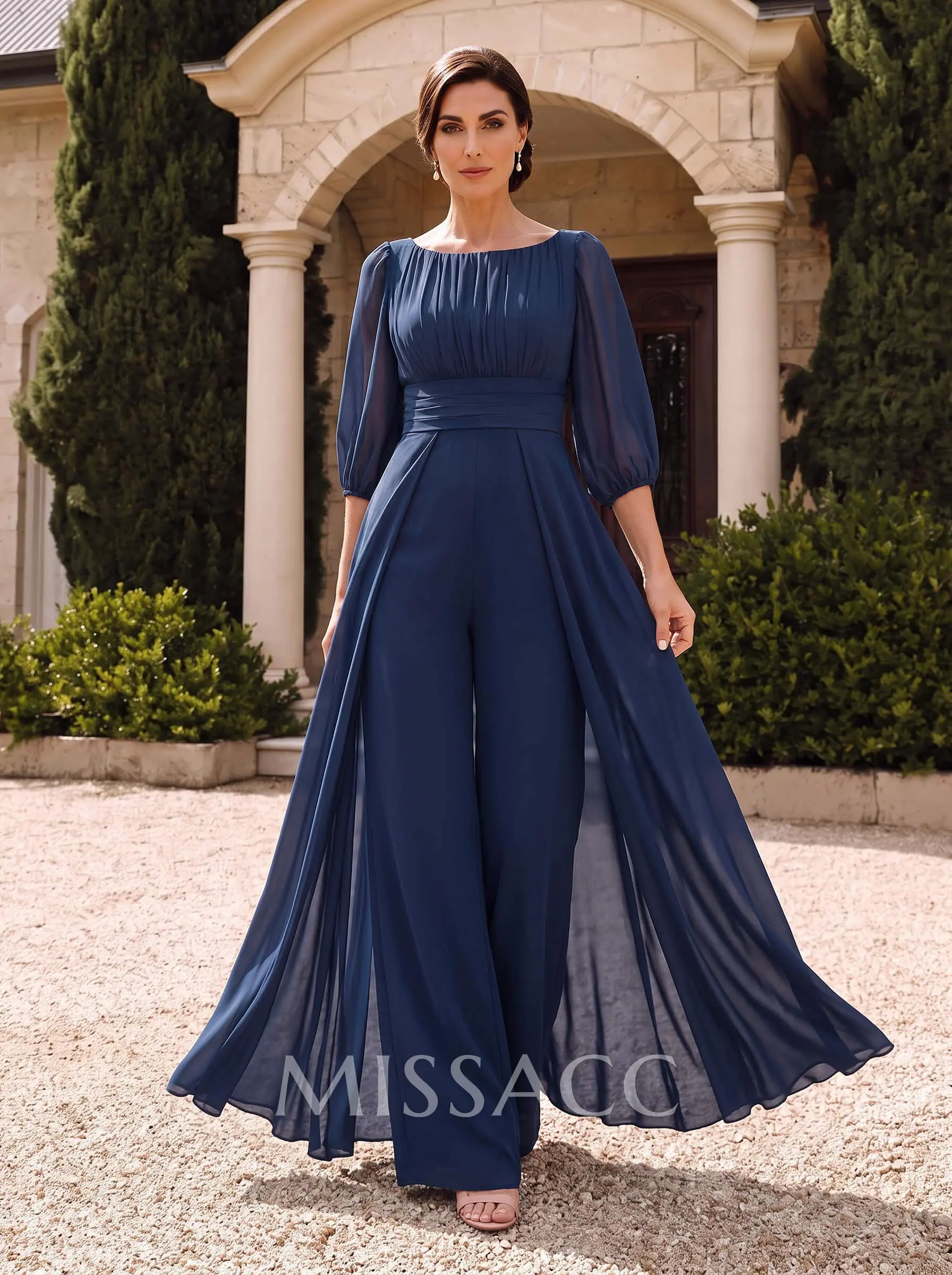 Jumpsuit/Pantsuit Scoop Neck 3/4 Sleeves Floor-Length Chiffon