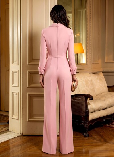 Jumpsuit/Pantsuit V-Neck Long Sleeves Floor-Length Elastic Satin Evening Dresses With Sash/Flower