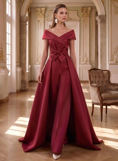 Jumpsuit/Pantsuit Off-The-Shoulder Sleeveless Detachable Satin Mother Of The Bride Dresses With Bow/Sash