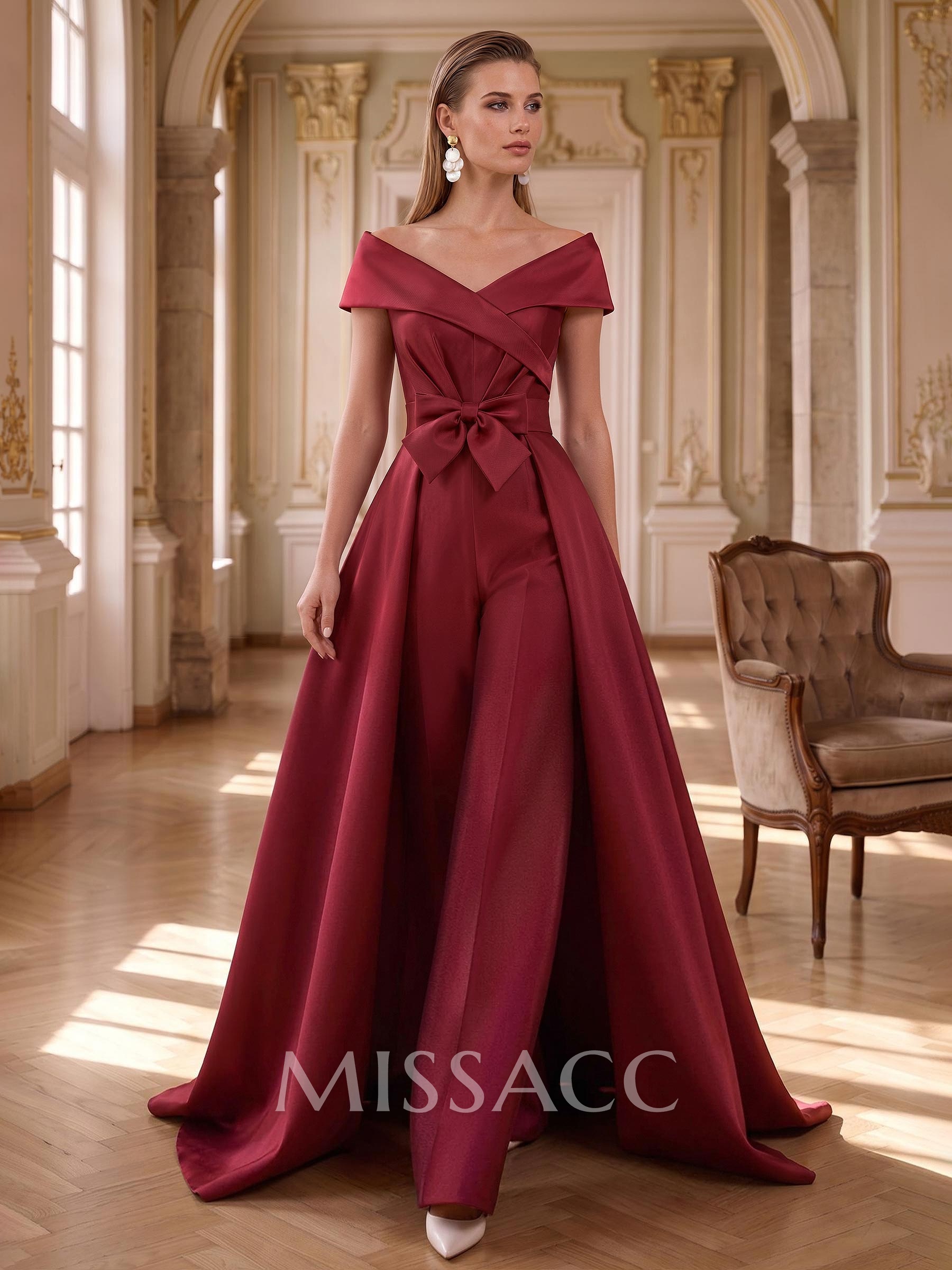 Jumpsuit/Pantsuit Off-The-Shoulder Sleeveless Detachable Satin Mother Of The Bride Dresses With Bow/Sash