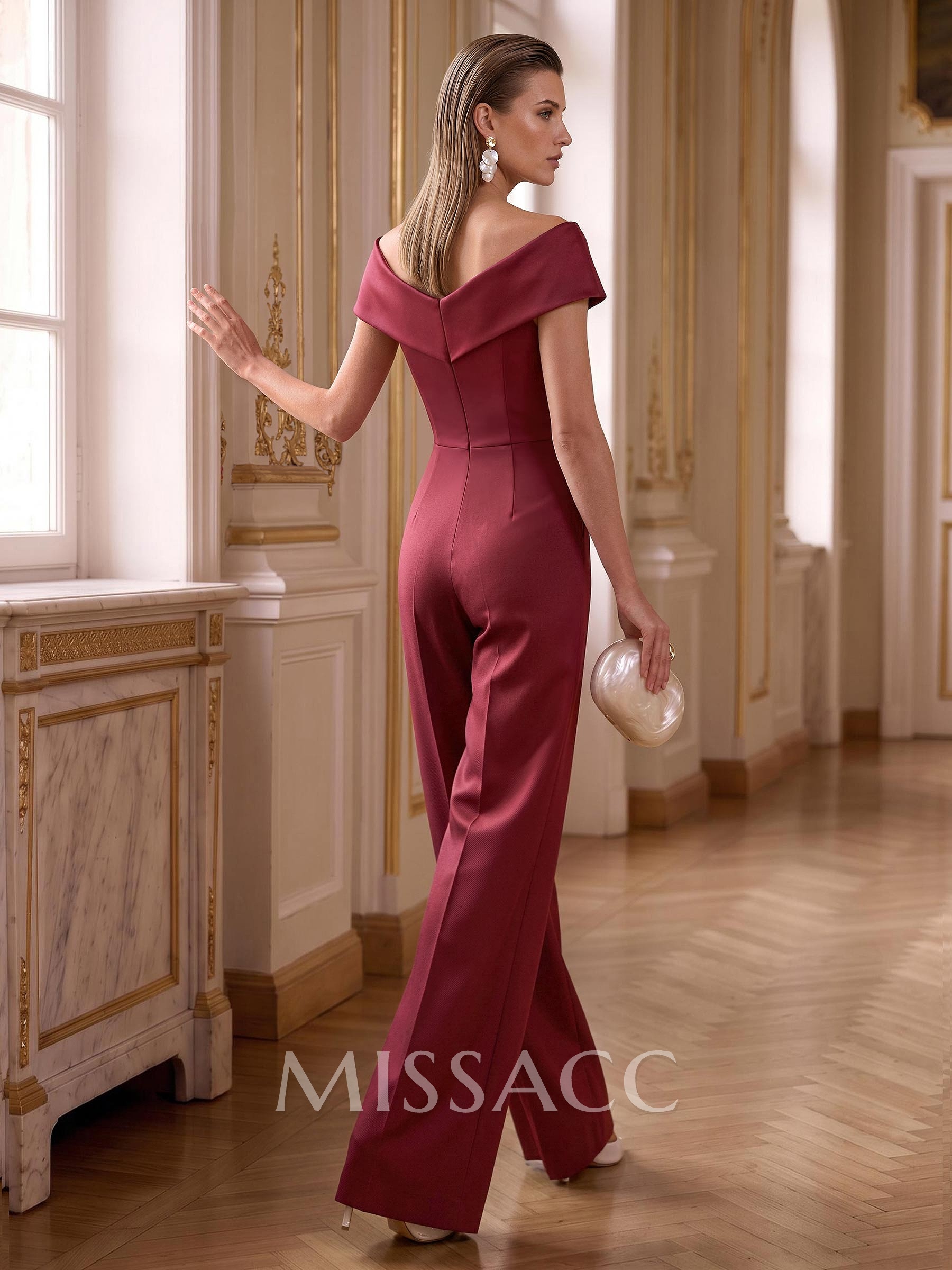 Jumpsuit/Pantsuit Off-The-Shoulder Sleeveless Detachable Satin Mother Of The Bride Dresses With Bow/Sash