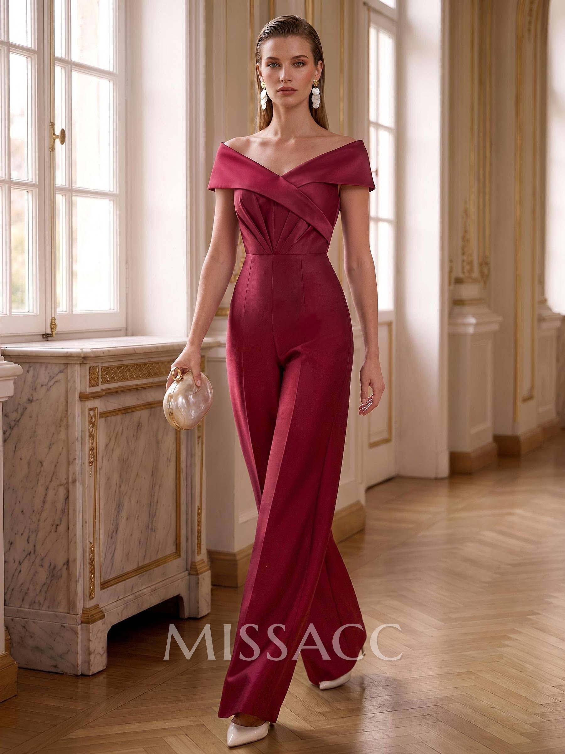 Jumpsuit/Pantsuit Off-The-Shoulder Sleeveless Detachable Satin Mother Of The Bride Dresses With Bow/Sash