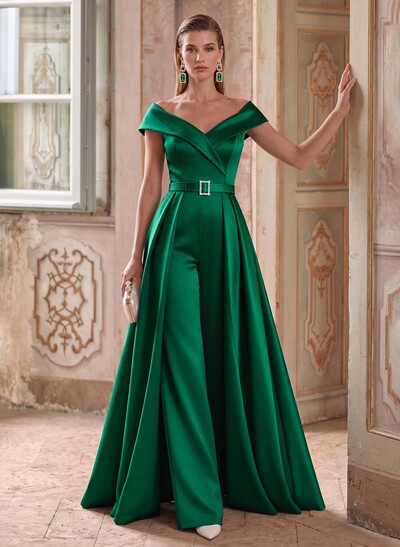 Jumpsuit/Pantsuit Off-The-Shoulder Sleeveless Detachable/Sweep Train Satin Mother Of The Bride Dresses With Sash