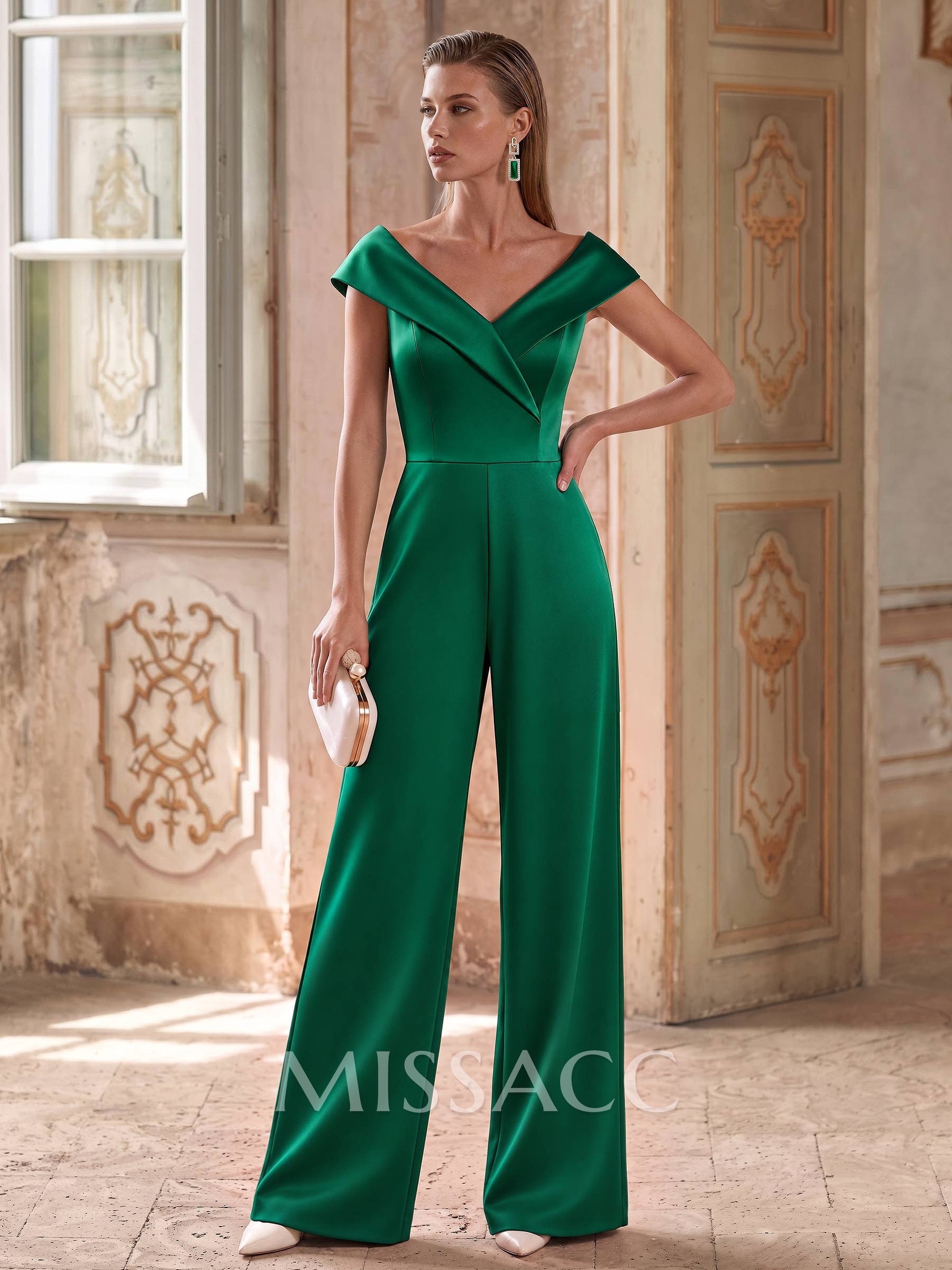 Jumpsuit/Pantsuit Off-The-Shoulder Sleeveless Detachable/Sweep Train Satin Mother Of The Bride Dresses With Sash