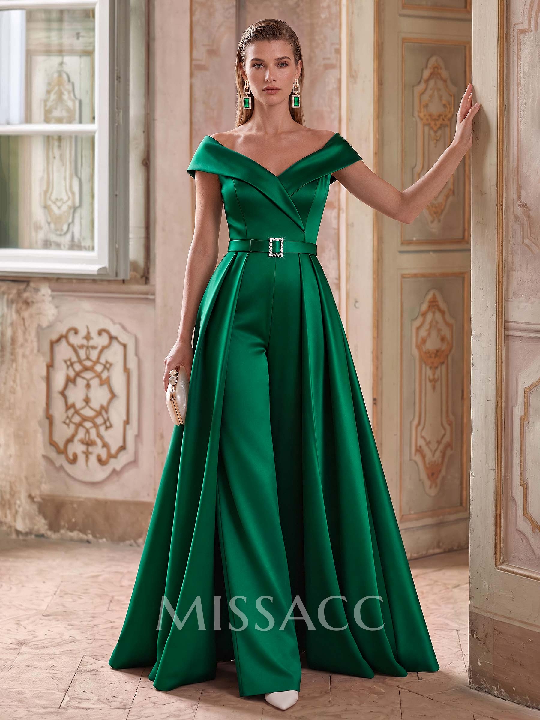 Jumpsuit/Pantsuit Off-The-Shoulder Sleeveless Detachable/Sweep Train Satin Mother Of The Bride Dresses With Sash