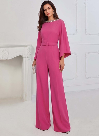 Jumpsuit/Pantsuit Scoop Neck 3/4 Sleeves Floor-Length Stretch Chiffon Mother Of The Bride Dresses With Rhinestone/Sash