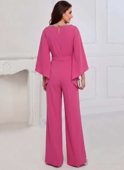 Jumpsuit/Pantsuit Scoop Neck 3/4 Sleeves Floor-Length Stretch Chiffon Mother Of The Bride Dresses With Rhinestone/Sash