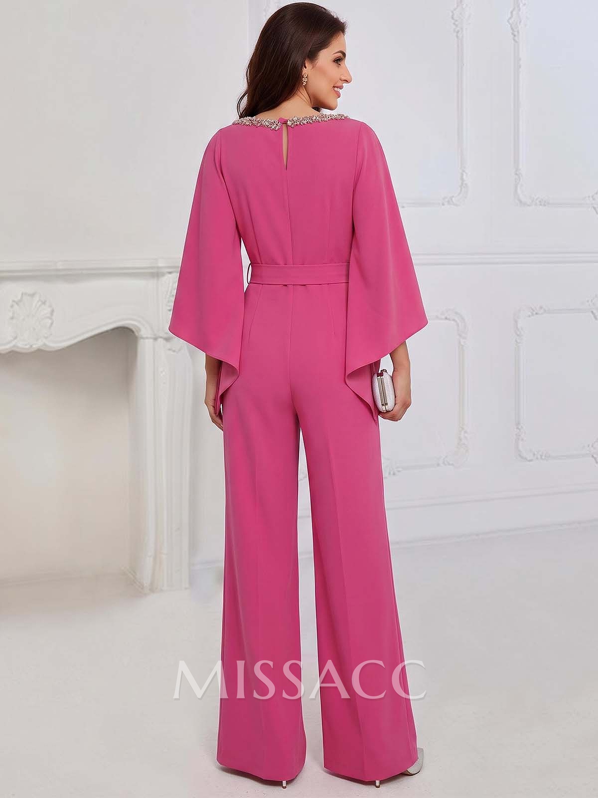 Jumpsuit/Pantsuit Scoop Neck 3/4 Sleeves Floor-Length Stretch Chiffon Mother Of The Bride Dresses With Rhinestone/Sash