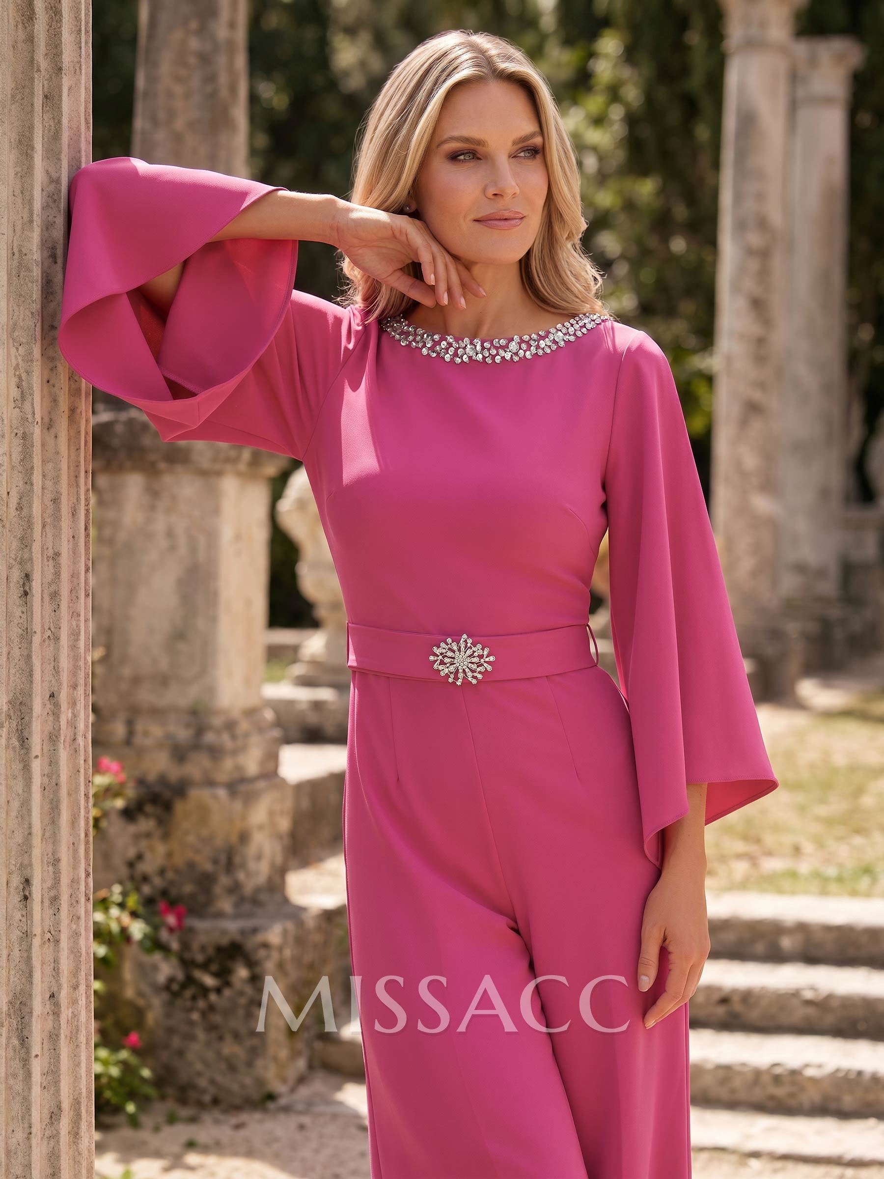 Jumpsuit/Pantsuit Scoop Neck 3/4 Sleeves Floor-Length Stretch Chiffon Mother Of The Bride Dresses With Rhinestone/Sash