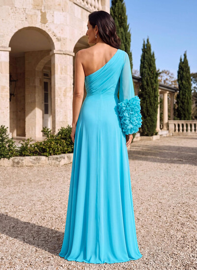 Sheath/Column One-Shoulder 3/4 Sleeves Floor-Length Chiffon Mother Of The Bride Dresses With Pockets/Pleated/Flower