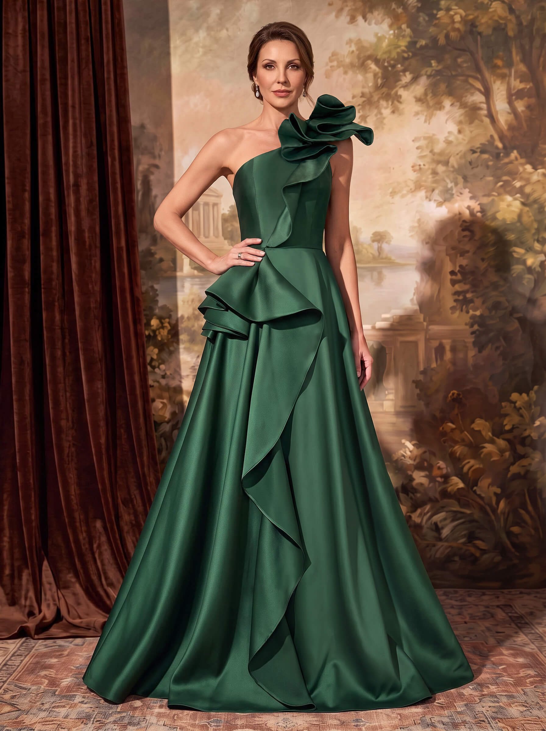 A-Line One-Shoulder Sleeveless Floor-Length Satin Mother Of The Bride Dresses With Ruffle/Pockets/Flower