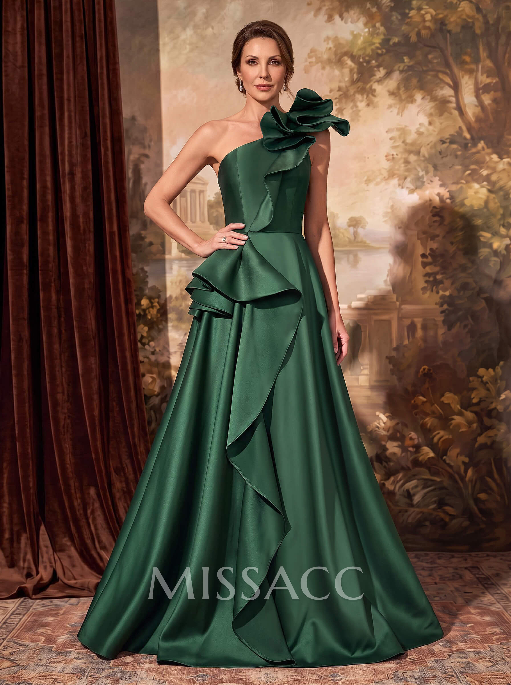 A-Line One-Shoulder Sleeveless Floor-Length Satin Mother Of The Bride Dresses With Ruffle/Pockets/Flower
