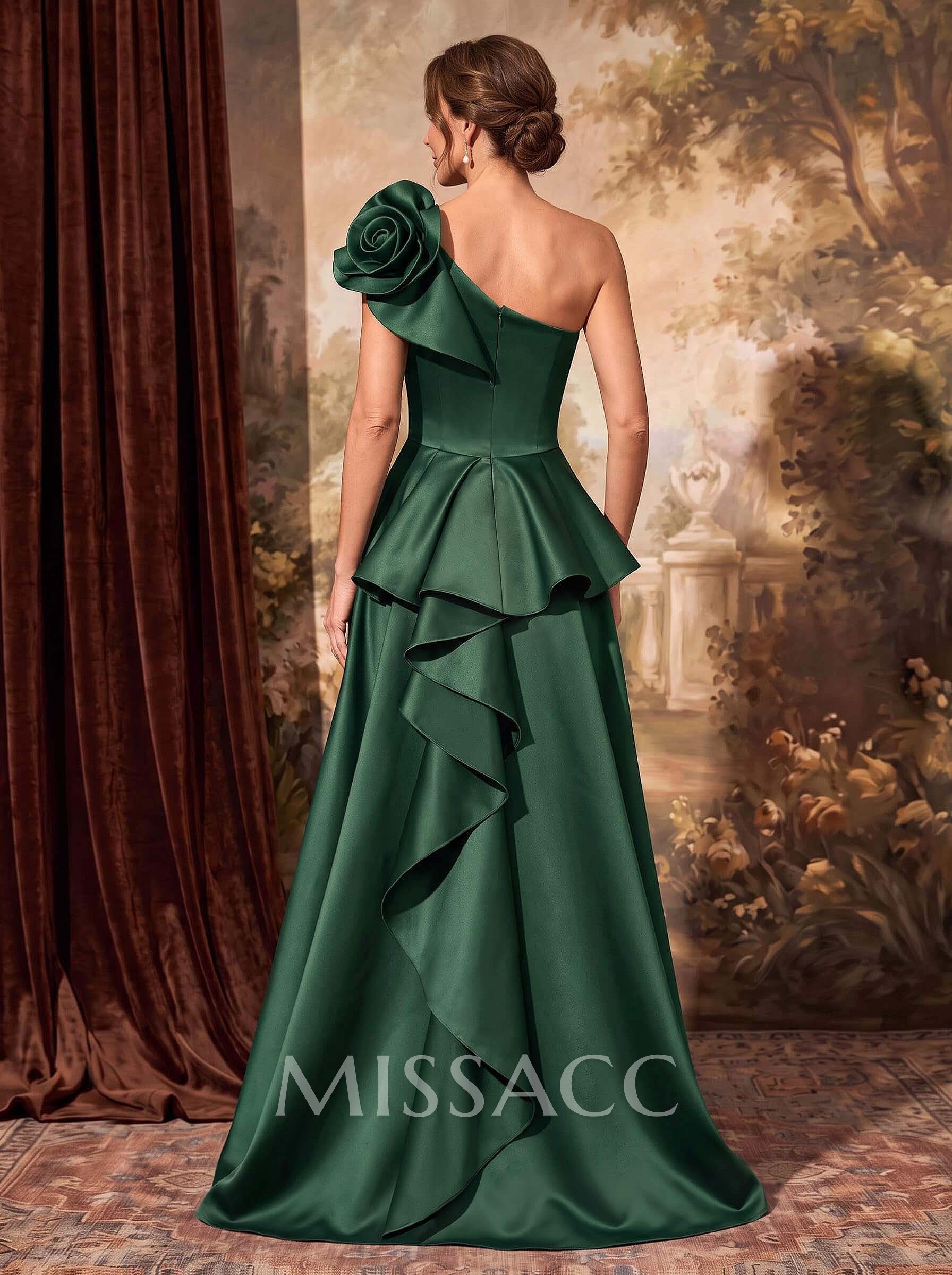 A-Line One-Shoulder Sleeveless Floor-Length Satin Mother Of The Bride Dresses With Ruffle/Pockets/Flower