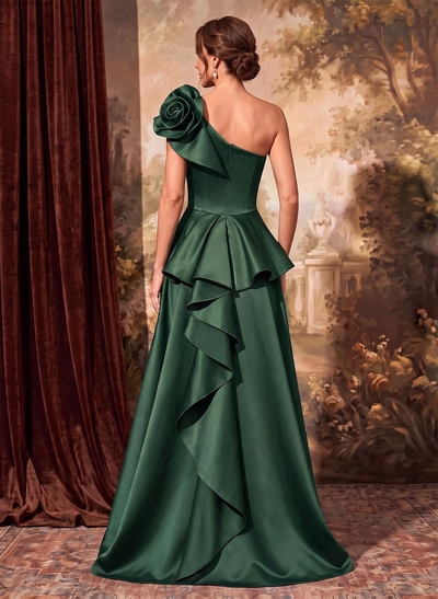 A-Line One-Shoulder Sleeveless Floor-Length Satin Mother Of The Bride Dresses With Ruffle/Pockets/Flower