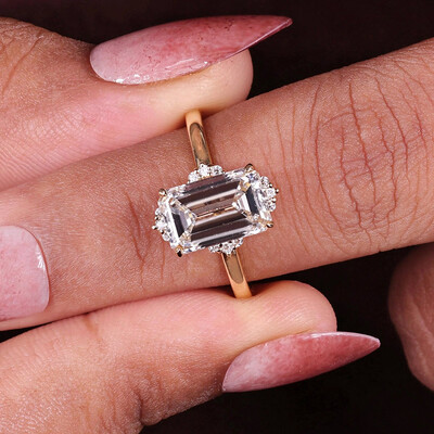 7*9MM Emerald Cut Moissanite Engagement Rings In Sterling Silver