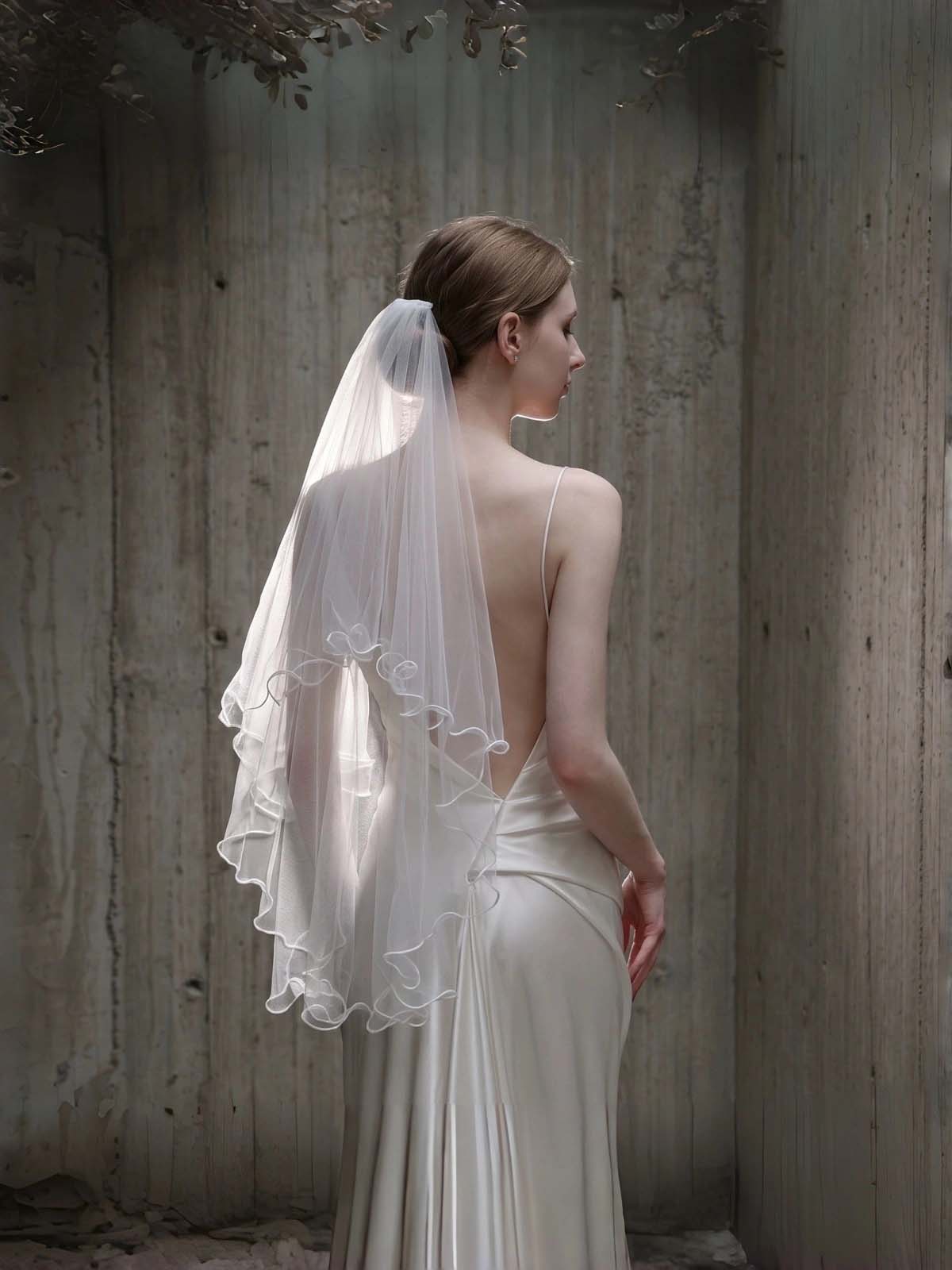 Two-Tier Ruffled Tulle Fingertip Wedding Veil with Cut Edges