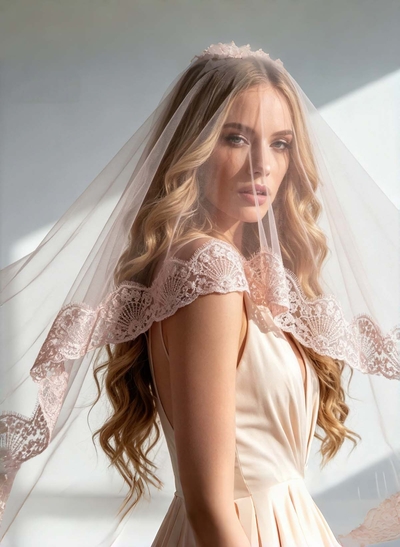 Two-Tier Tulle Elbow-Length Bridal Veil with Lace Appliqué Edge