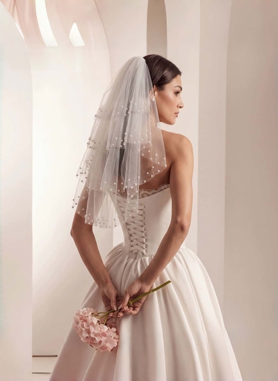 Cut Edge Pearl Four-Tier Tulle Elbow-Length Wedding Veil