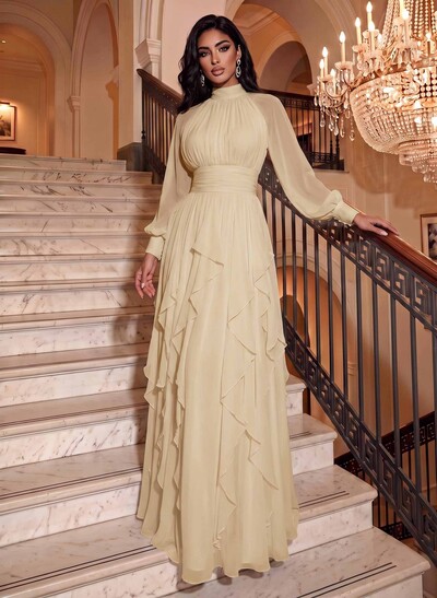 A-Line High Neck Long Sleeve Floor-Length Chiffon Wedding Dress With Cascading Ruffles And Sash