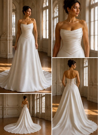 A-Line Strapless Sleeveless Court Train Satin Wedding Dresses With Beading