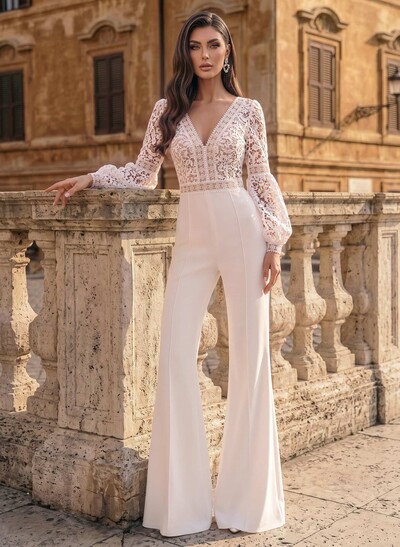 Jumpsuit/Pantsuit V-Neck Long Sleeves Floor-Length Lace/Tulle/Elastic Satin Wedding Dresses With Appliques Lace