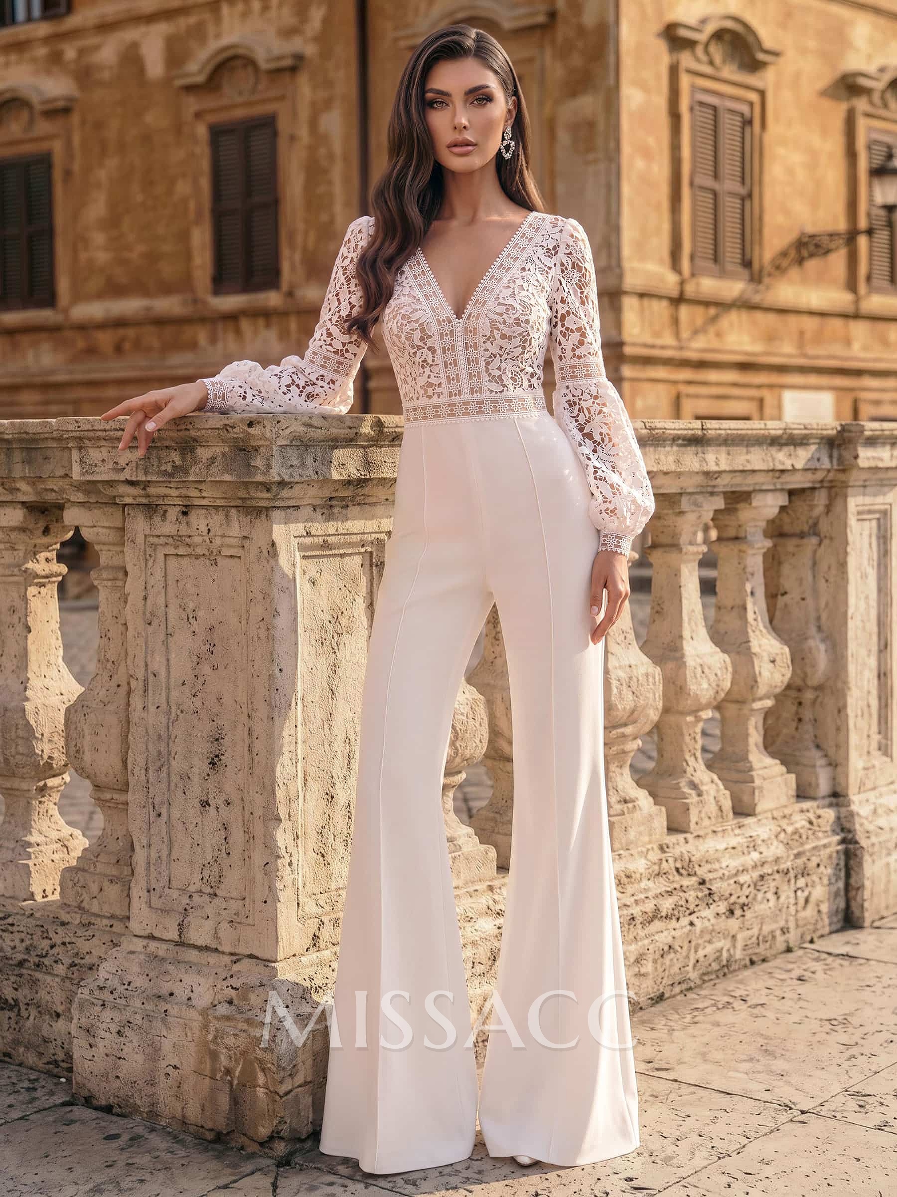 Jumpsuit/Pantsuit V-Neck Long Sleeves Floor-Length Lace/Tulle/Elastic Satin Wedding Dresses With Appliques Lace