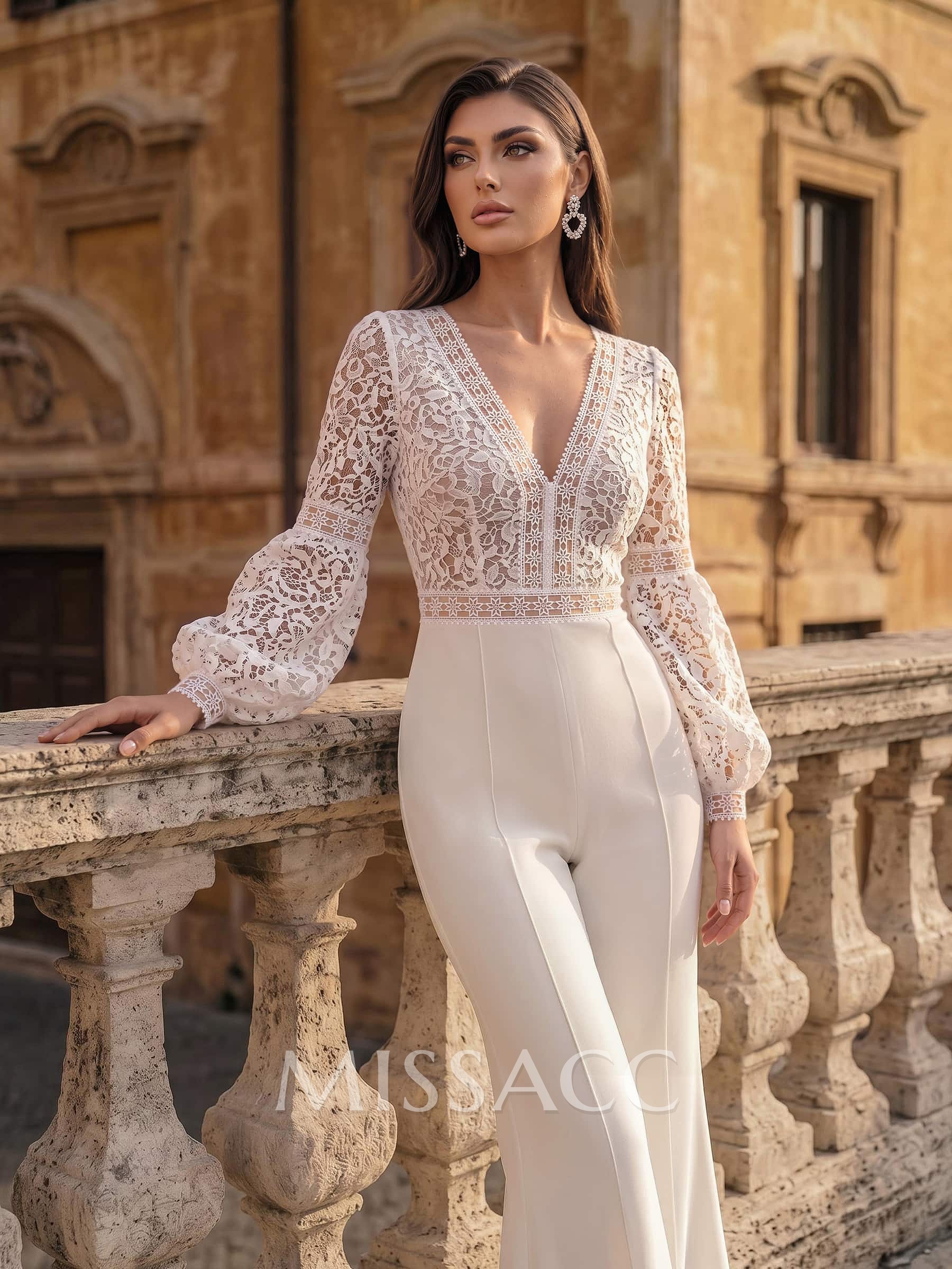 Jumpsuit/Pantsuit V-Neck Long Sleeves Floor-Length Lace/Tulle/Elastic Satin Wedding Dresses With Appliques Lace