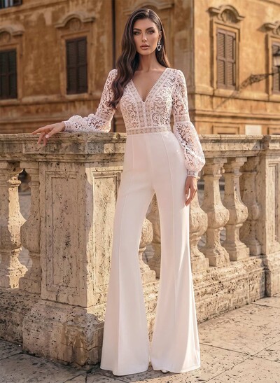 Jumpsuit/Pantsuit V-Neck Long Sleeves Floor-Length Lace/Tulle/Elastic Satin Wedding Dresses With Appliques Lace