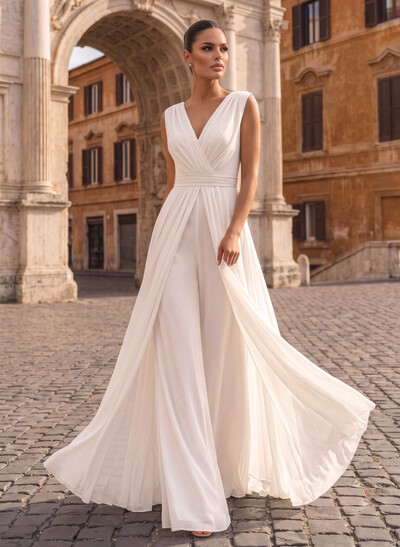Jumpsuit/Pantsuit V-Neck Sleeveless Floor-Length Chiffon Wedding Dresses With Overskirt Dress