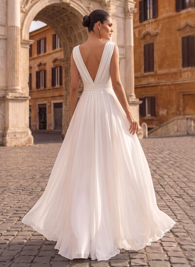 Jumpsuit/Pantsuit V-Neck Sleeveless Floor-Length Chiffon Wedding Dresses With Overskirt Dress