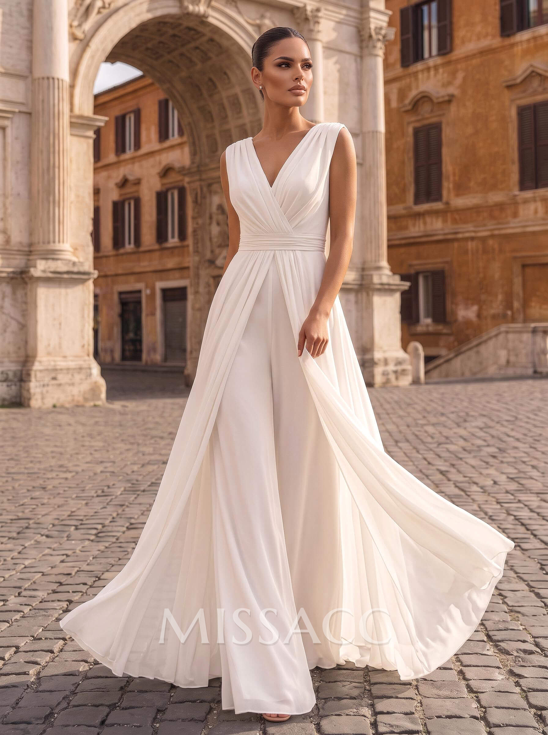 Jumpsuit/Pantsuit V-Neck Sleeveless Floor-Length Chiffon Wedding Dresses With Overskirt Dress