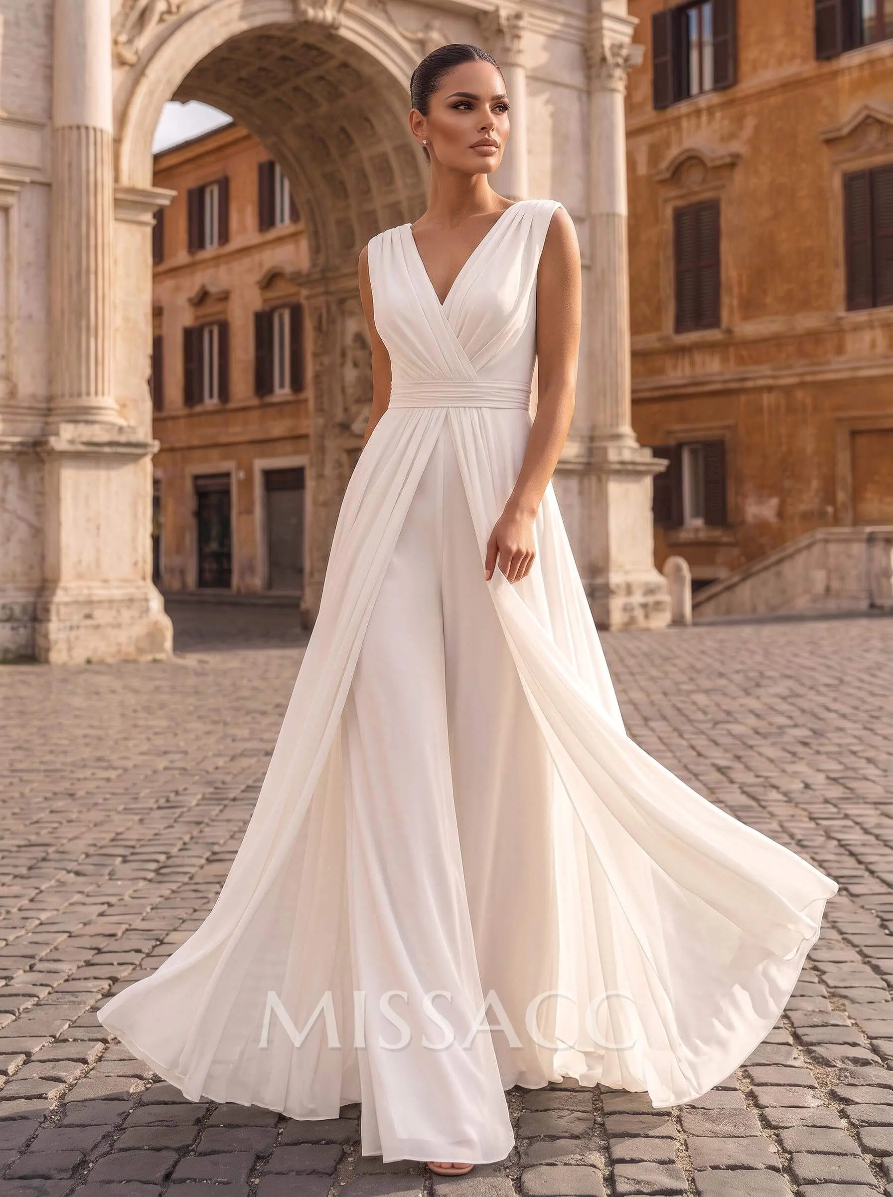 Jumpsuit/Pantsuit V-Neck Sleeveless Floor-Length Chiffon Wedding Dresses With Overskirt Dress