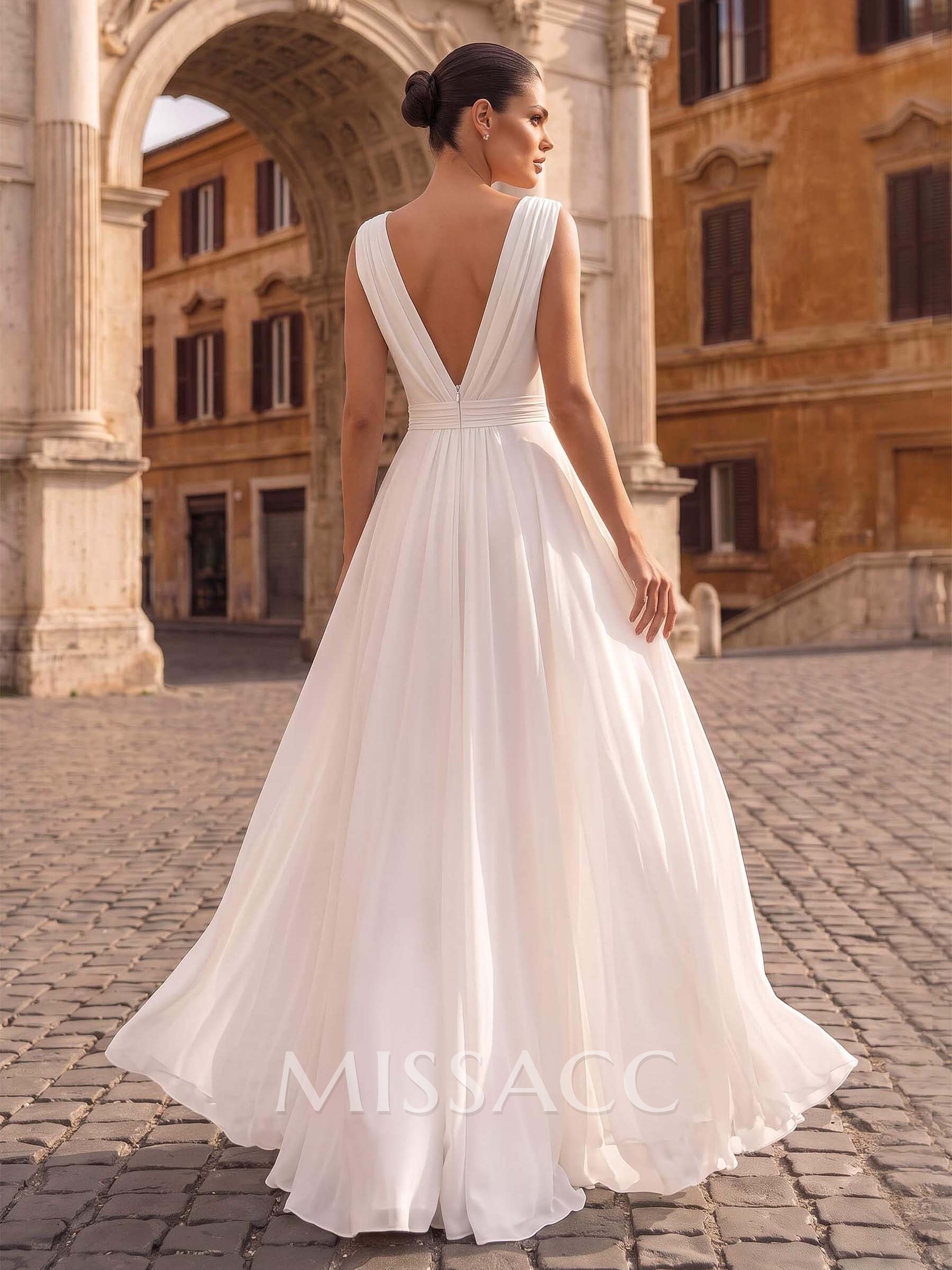 Jumpsuit/Pantsuit V-Neck Sleeveless Floor-Length Chiffon Wedding Dresses With Overskirt Dress