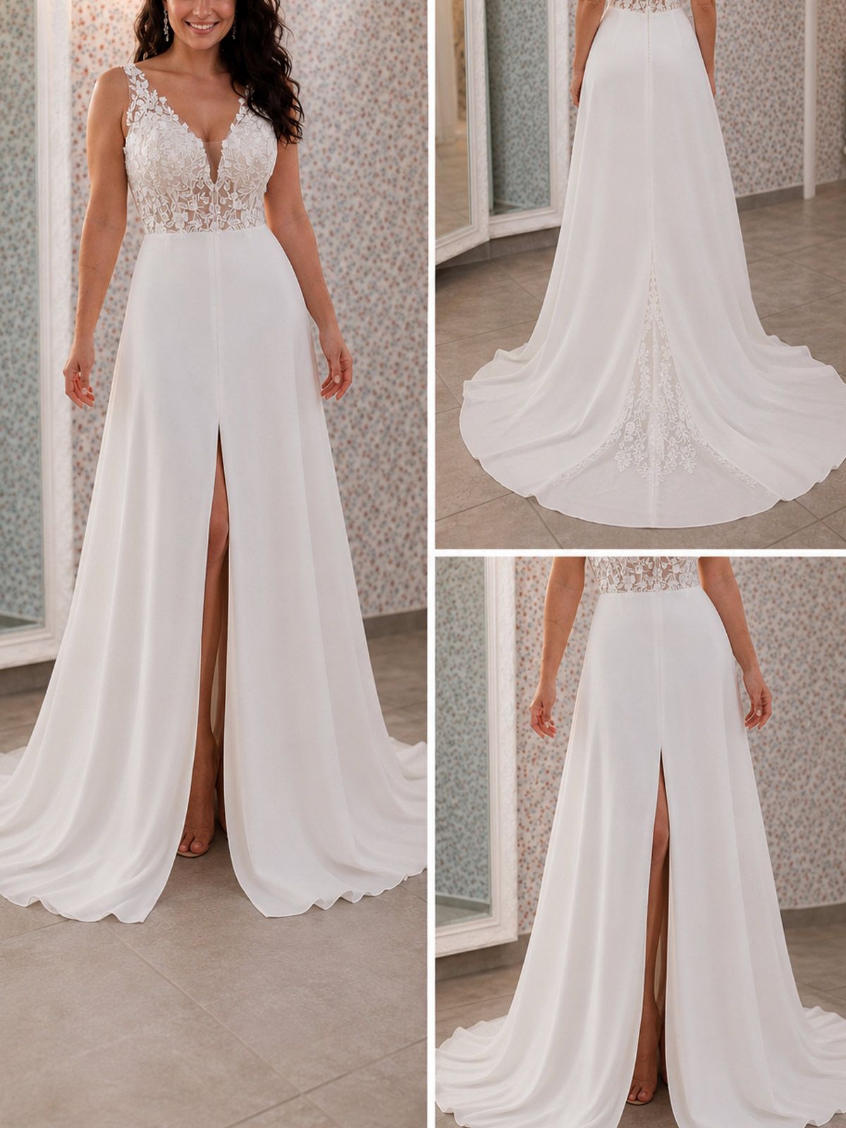 A-Line V-Neck Sleeveless Court Train Elastic Satin Wedding Dresses With Split Front/Appliques Lace
