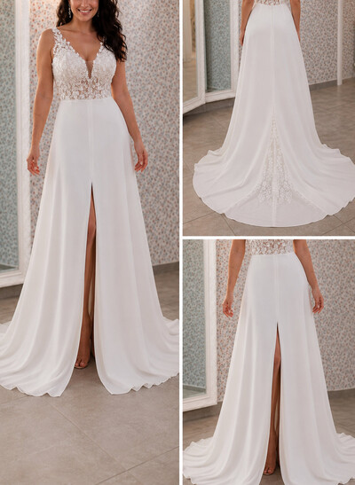 A-Line V-Neck Sleeveless Court Train Elastic Satin Wedding Dresses With Split Front/Appliques Lace