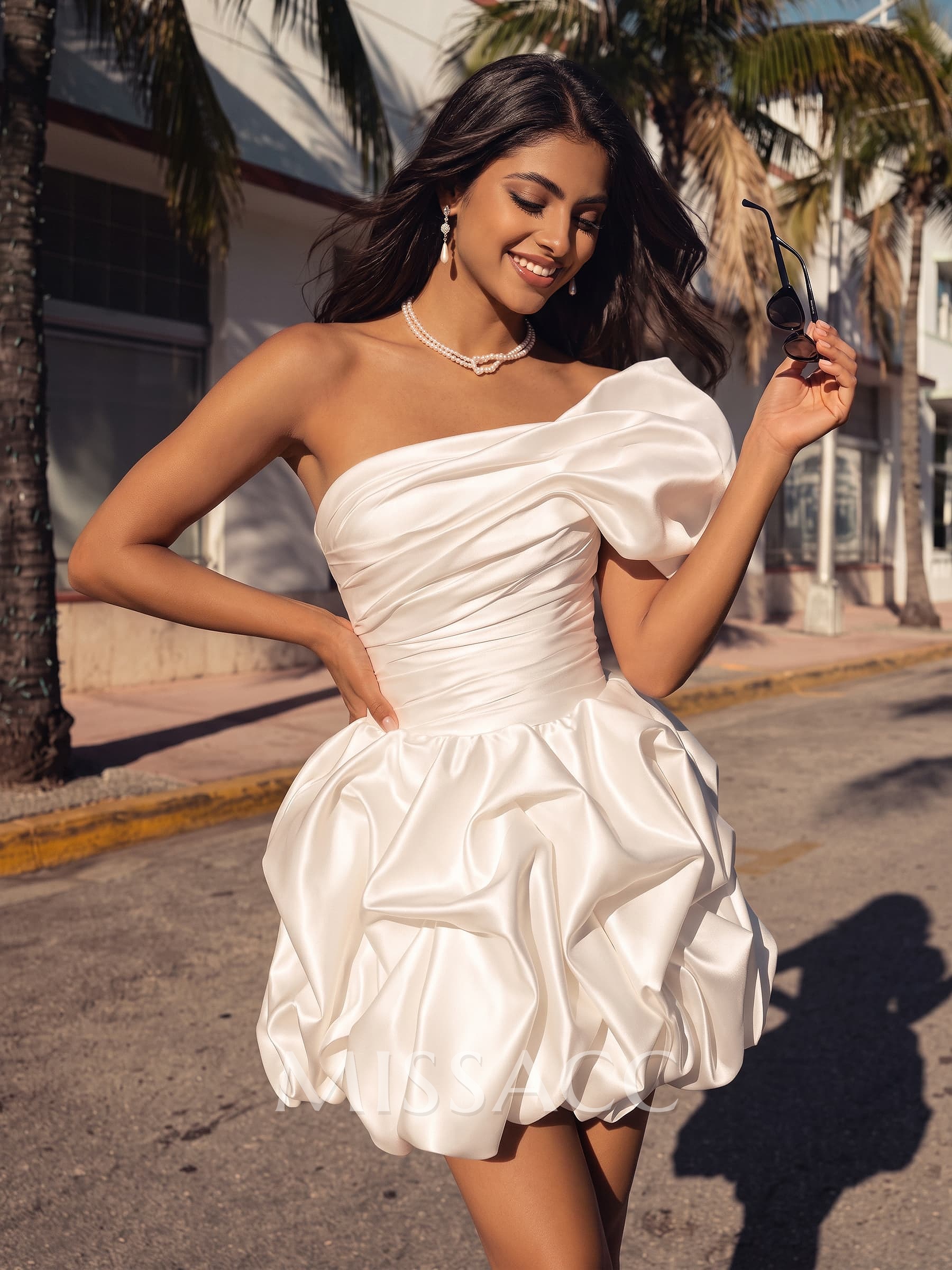 One-Shoulder Sleeveless Short/Mini Matte Satin Wedding Dresses With Bubble Hem