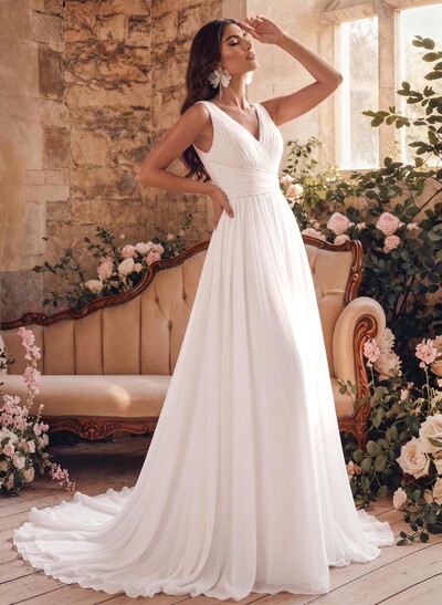 A-Line V-Neck Sleeveless Sweep Train Chiffon Wedding Dresses With Pleated