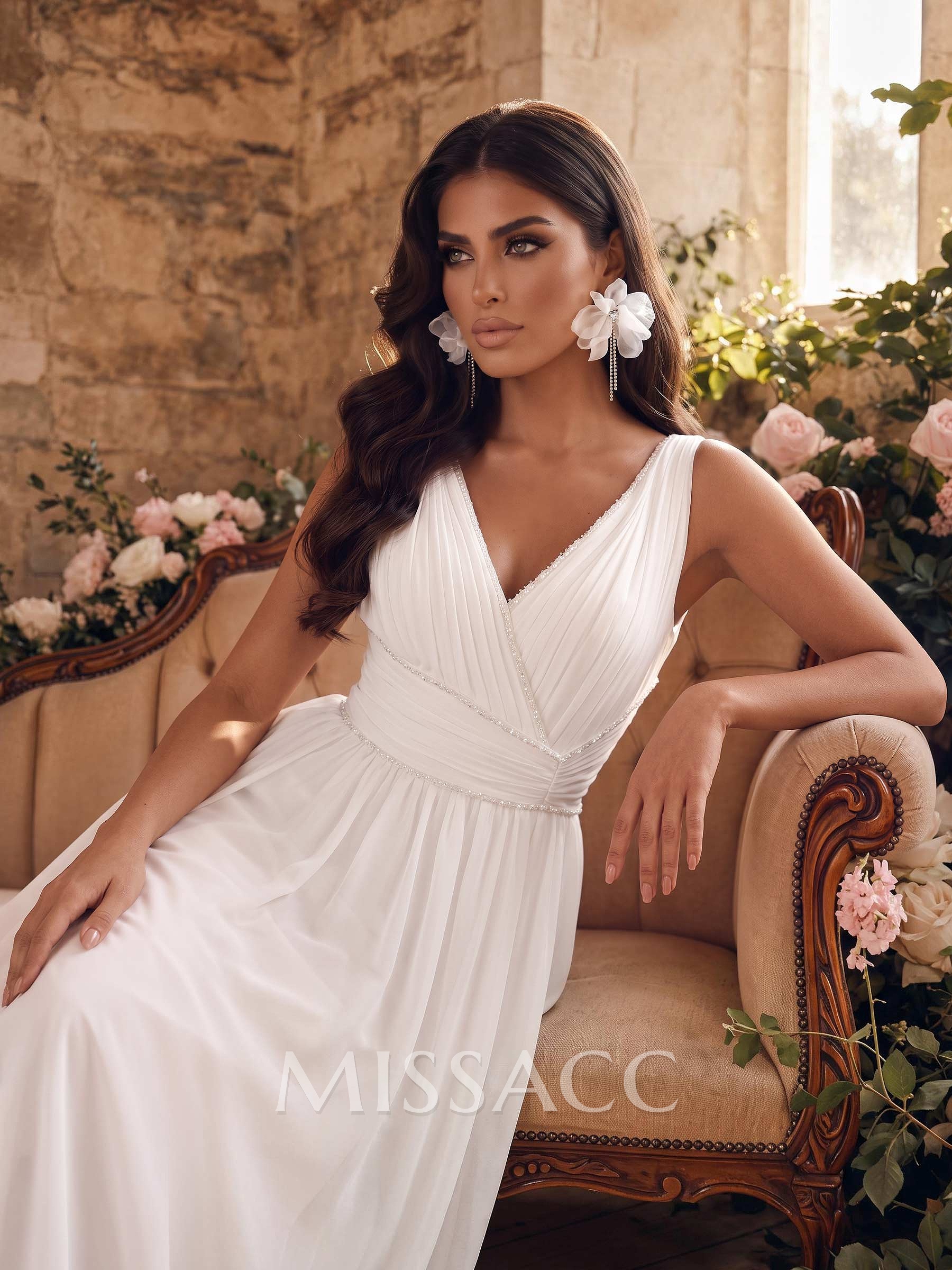 A-Line V-Neck Sleeveless Sweep Train Chiffon Wedding Dresses With Pleated