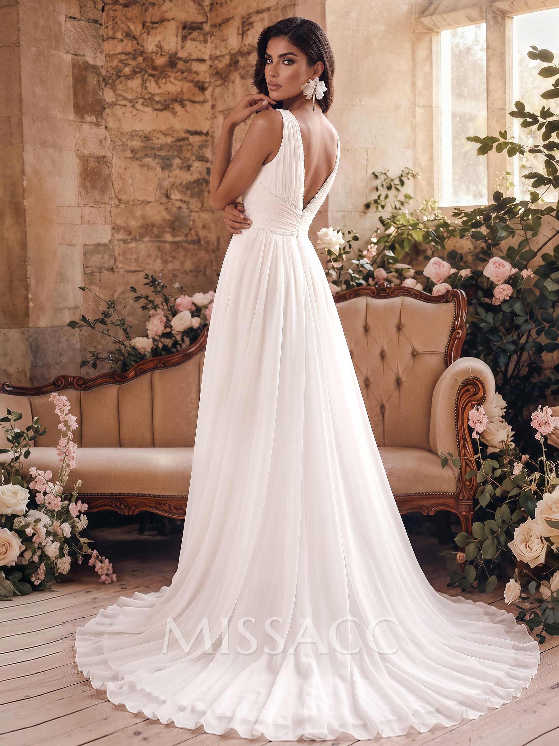 A-Line V-Neck Sleeveless Sweep Train Chiffon Wedding Dresses With Pleated