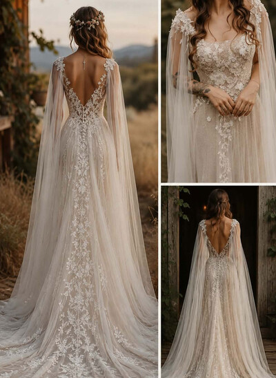 A-Line Scoop Neck Cape Sleeves Chapel Train Wedding Dresses With Appliques Lace