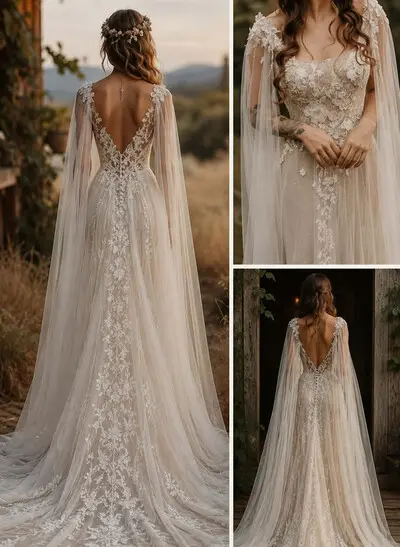 A-Line Scoop Neck Cape Sleeves Chapel Train Wedding Dresses With Appliques Lace