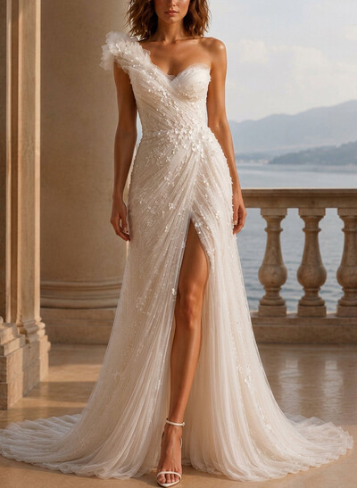 A-Line One-Shoulder Sleeveless Court Train Lace Wedding Dresses With High Split