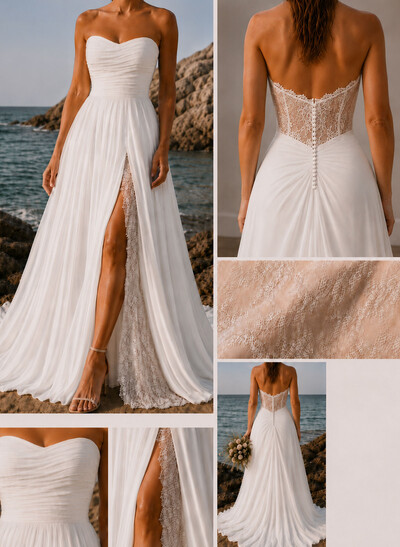 A-Line Strapless Sleeveless Sweep Train Chiffon/Lace Wedding Dresses With High Split