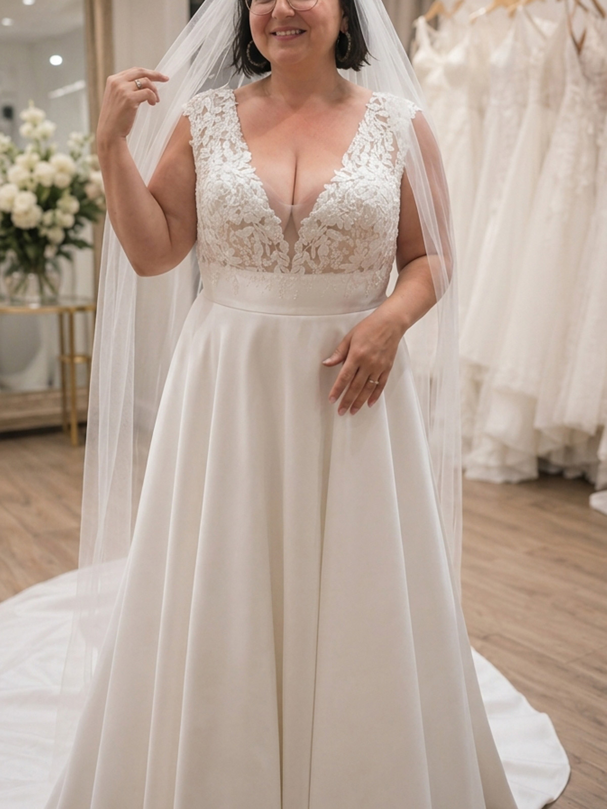 A-Line V-Neck Sleeveless Chapel Train Tulle Wedding Dresses With Appliques Lace