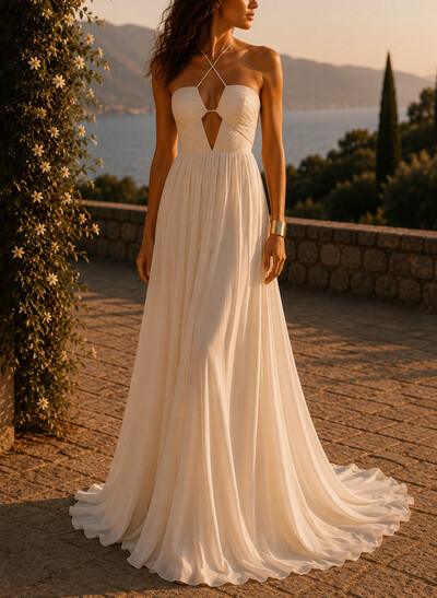 A-Line Plunge Neck Sleeveless Sweep Train Chiffon Wedding Dresses With Pleated