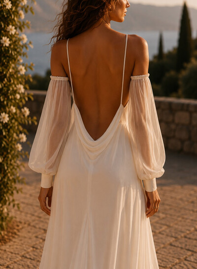 A-Line Plunge Neck Sleeveless Sweep Train Chiffon Wedding Dresses With Pleated
