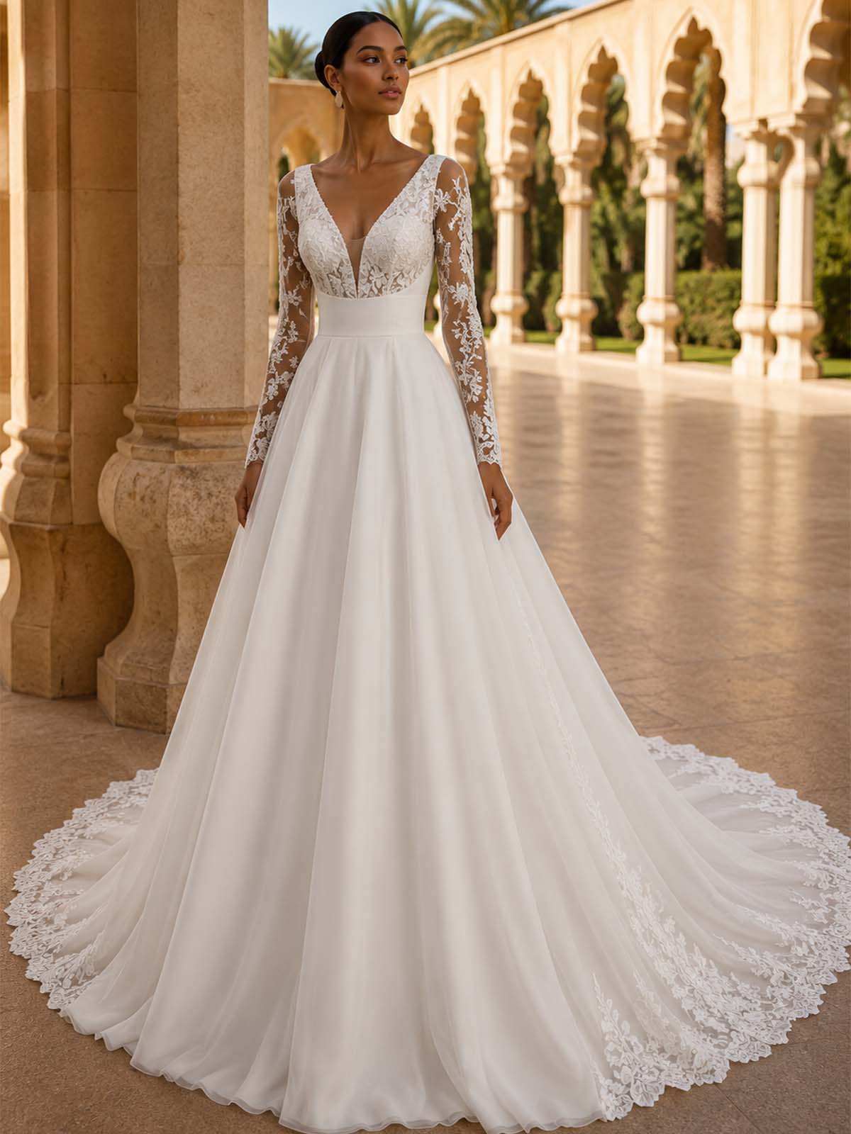 A-Line Plunge Neck Long Sleeves Court Train Satin Wedding Dresses With Appliques Lace