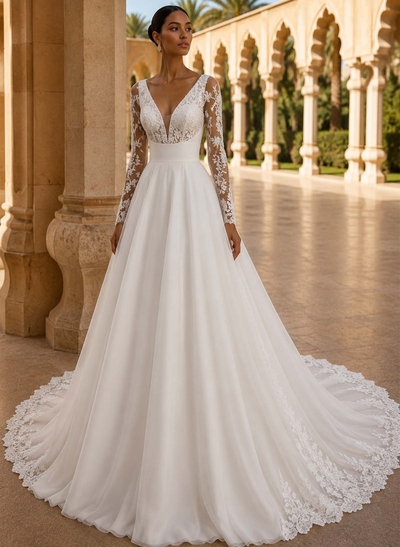 A-Line Plunge Neck Long Sleeves Court Train Satin Wedding Dresses With Appliques Lace